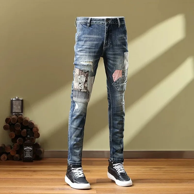 2024 Spring and Autumn New Fashion Trend Printed Straight Leg Jeans Men\'s Casual Slim Comfortable Breathable High-Quality Pants