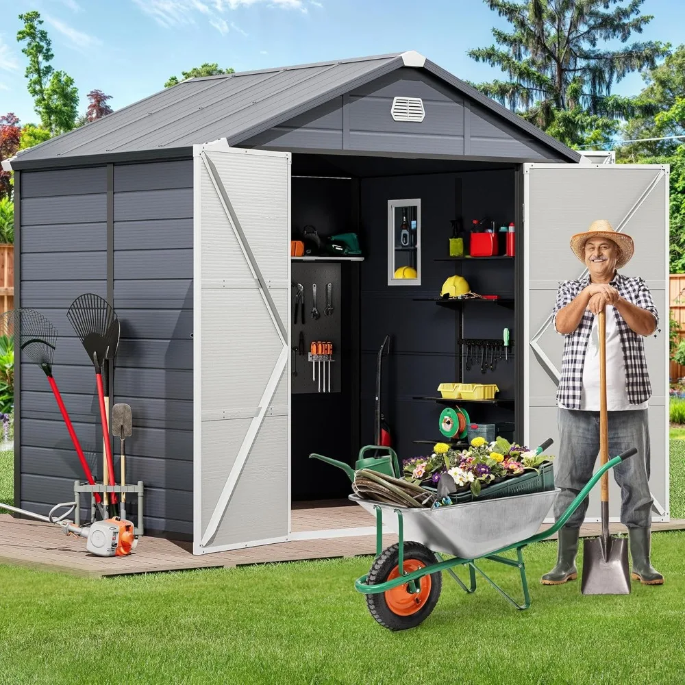 

8x6.2FT Outdoor Storage Shed w/o Floor, All-Weather Plastic Shed with Lockable Doors, Window & Vents, Plastic Tool Shed