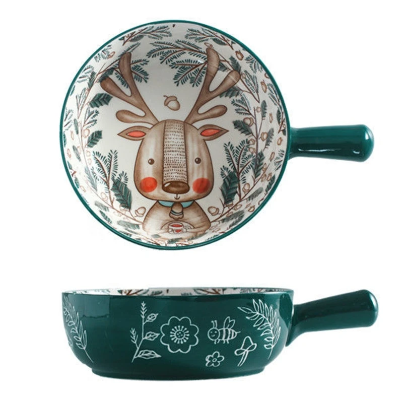 

G6KF Nordic Ceramic Bowl with Handle Breakfast Noodle Fruit Bowl Forest Animal Design Dessert Soup Bowl