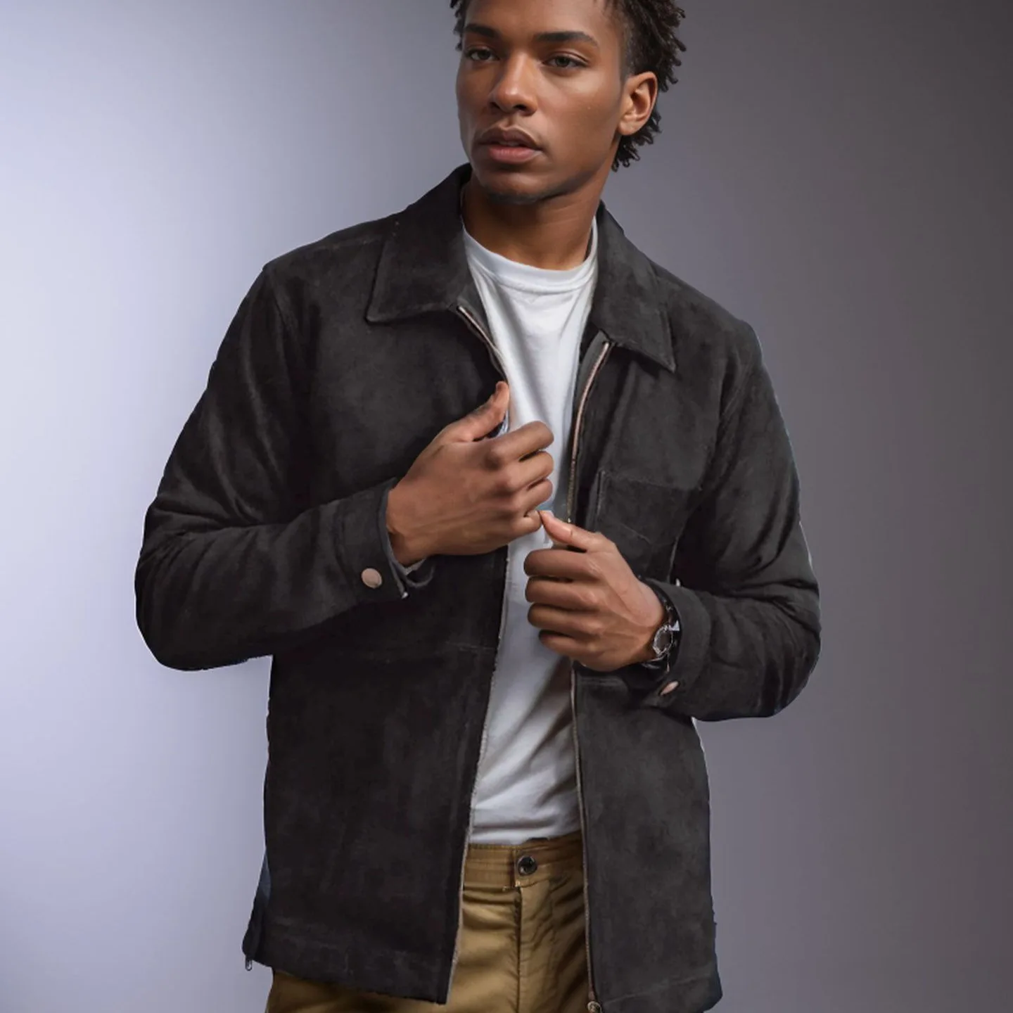 Men Spring Autumn Solid Suede Jacket Lapel Zip Up Casual Outerwear Cardigan Coat
