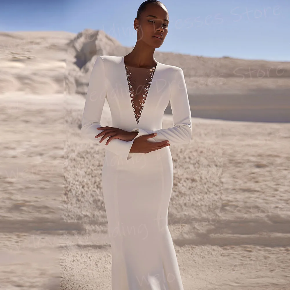 Vestidos De Novia elegantes De sirena para mujer, Vestidos De Novia personalizados De manga larga, Vestidos De Novia sexis con cuello en V y espalda descubierta Abito Da Sposa