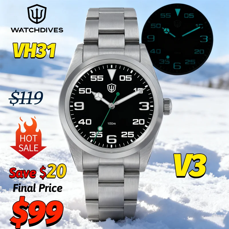 Watchdives WD1016 V3 ساعات كوارتز VH31 حركة الاجتياح K1 الياقوت 100 متر مقاوم للماء سوار الفولاذ المقاوم للصدأ ساعة كلاسيكية رجل