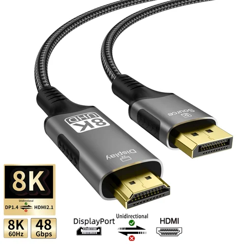 8K@60Hz DisplayPort to HDMI Cable Uni-Directional Only DP1.4 to HDMI  2.1 Cable 4K@120Hz, 2K@240Hz for PC HDTV Projector Xbox