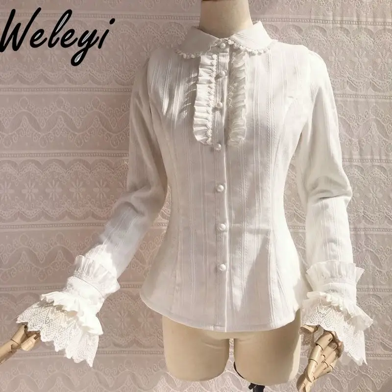 

Lolita Girl Lace White Shirt Tops Mujer Spring and Autumn New Sweet Long Sleeve Jacquard Shirts Japanese Style Blouse Feminina