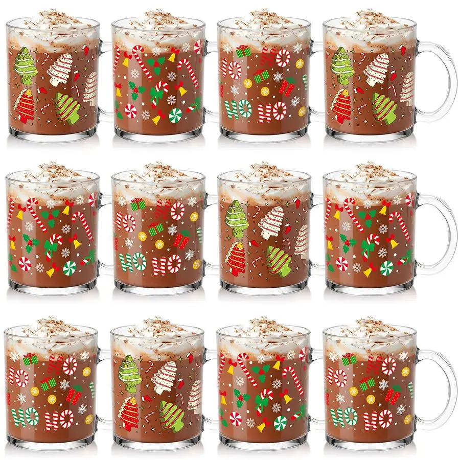 

12 Pcs Christmas Glass Mugs Set 12 oz Christmas Coffee Mugs Bulk with Handle Winter Xmas Coffee Cups Xmas Glass Cups Gifts for W