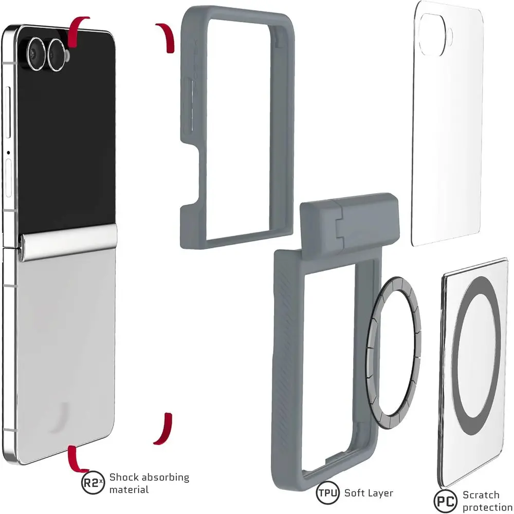 حافظة Galaxy Z Flip7 باللون الرمادي مع حامل مدمج وحماية MagSafe والمفصلات لطراز 2025 (6.9)