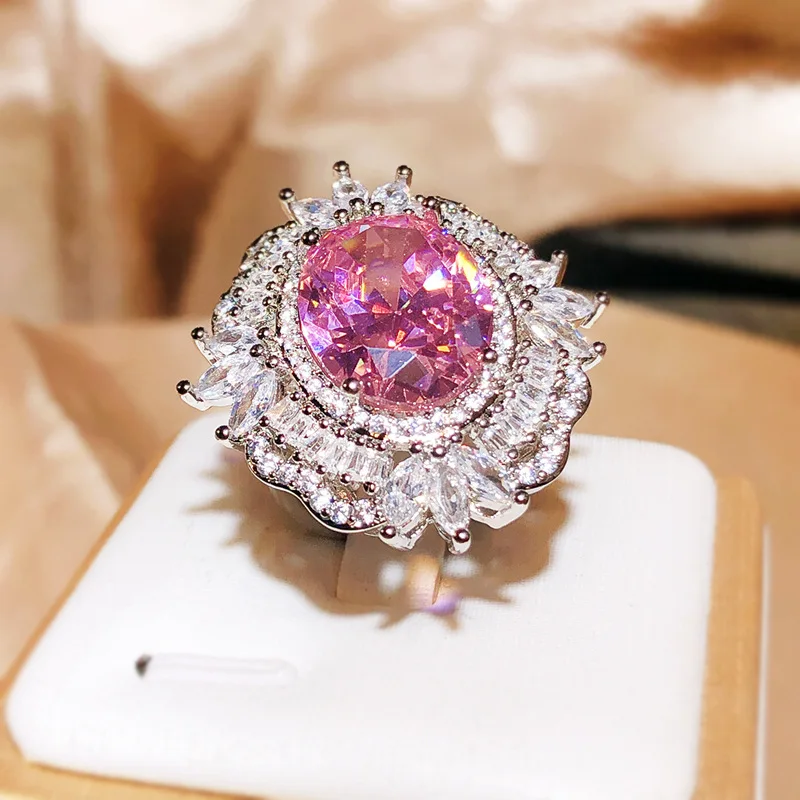 925 Silver Ring New Water Drop Shaped Pink Zircon Full Diamond Opening Ring For Women's Party Wedding Jewelry Gift