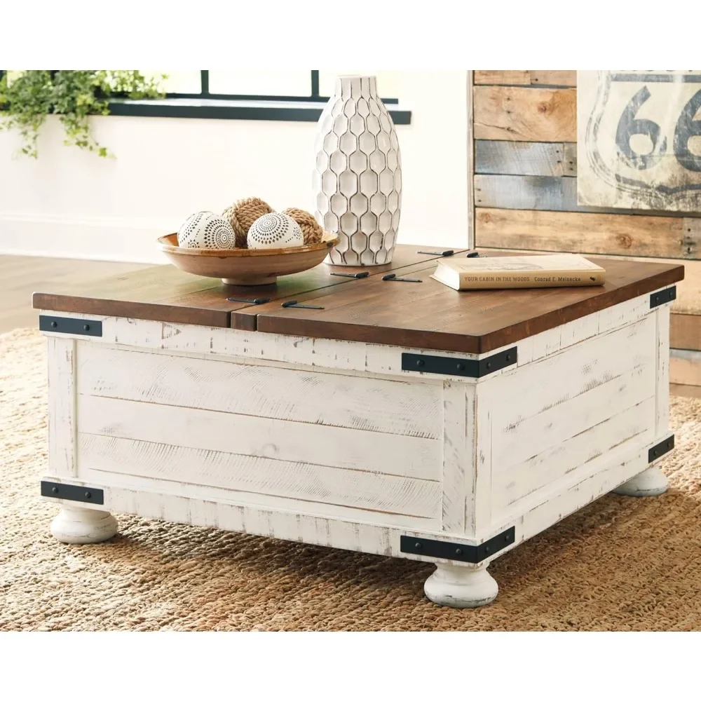 

Wystfield Farmhouse Square Storage Coffee Table with Hinged Lift Top, Distressed White