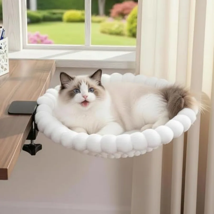 Cat Desk Bed - Faux Rabbit Fur Cat Hammock for Desk, 180° Rotating Adjustable, Reversible Dual-Sided Mat for All Seasons, Remov