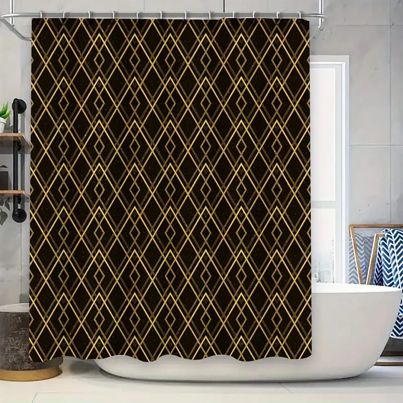 

Gold Diamond Shower Curtain Waterproof Bathroom Decor Modern Geometric Print Shiny Black Yellow Bath Mat Shower Liner Set