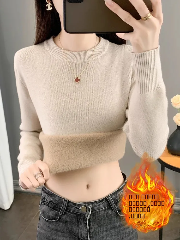 Thiened Fce Damen-Strickpullover rund Ne Warm Slim Fit Inner Wear Base irt Commute Sle Long Sve Regular Thi...