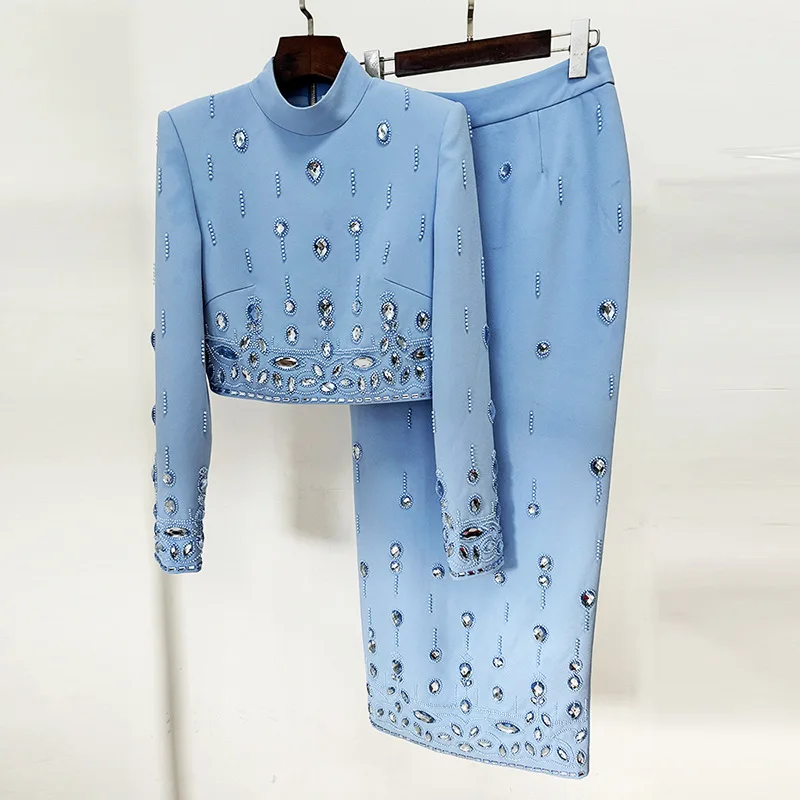 

Standing collar long sleeve rhinestone splicing advanced sense short jacket + rhinestone splicing A-line skirt two-piece suit