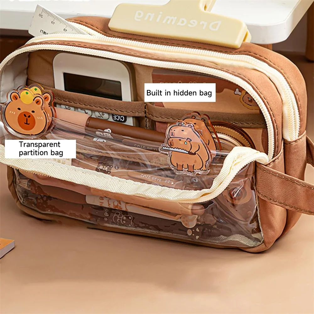 Cute Pencil Case Clear Pencil Pouch Multi-Layer Pencil Case Capybara LargeCapacity PencilCase Wide Opening Pencil Pouch for kids