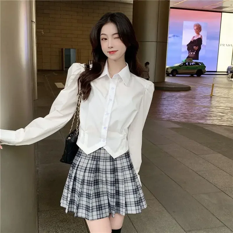 

Рубашки женские белые во французском стиле с длинным рукавом весенние хипстерские сексуальные укороченные топы для колледжа дизайн универсальная эстетичная одежда Ins Fashion