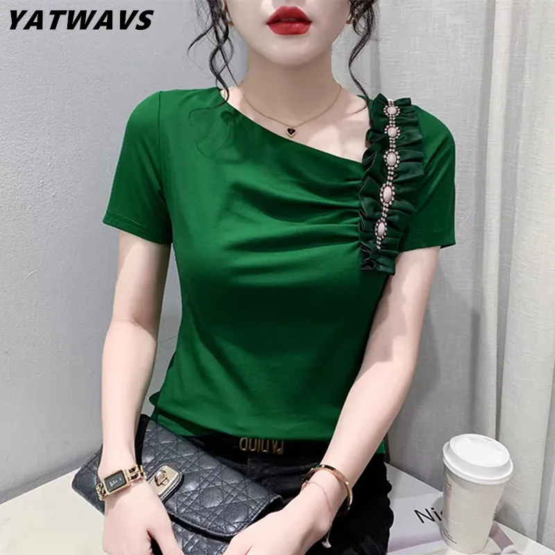 

New Summer European Girl Cotton T-Shirt Clothes Chic Sexy Skew Collar Ruffles Diamonds Streetwear Women Short Sleeve Tees Tops