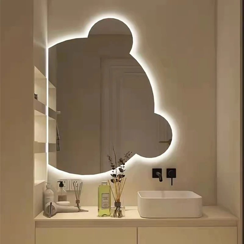 Customized Bathroom Mirror Light Wall Bear Toilet Cute Makeup Mirror With Lamp Touch Smart Espelho Banheiro Bath Mirrors EB5BM