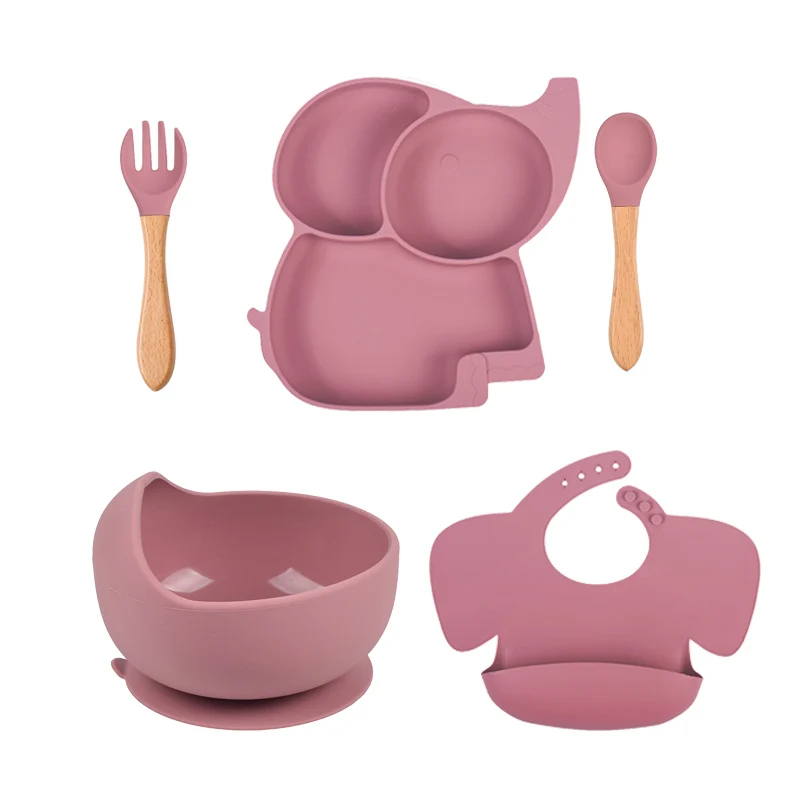 3/5/8 PCS Baby Silicone Feeding Set Plate Sucker Bowl Cup Bibs Spoon Fork Sets Non-slip Tableware Dinnerware Dishes BPA Free