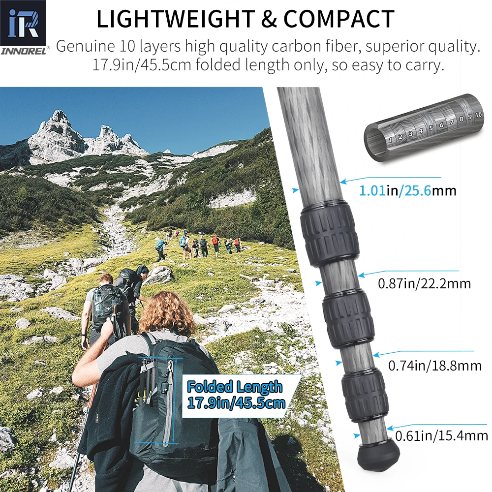 Portable Carbon Fiber Tripod-INNOREL RT45C Professional Travel Lightweight Monopod for DSLR Camera with Ballhead, Load 15kg