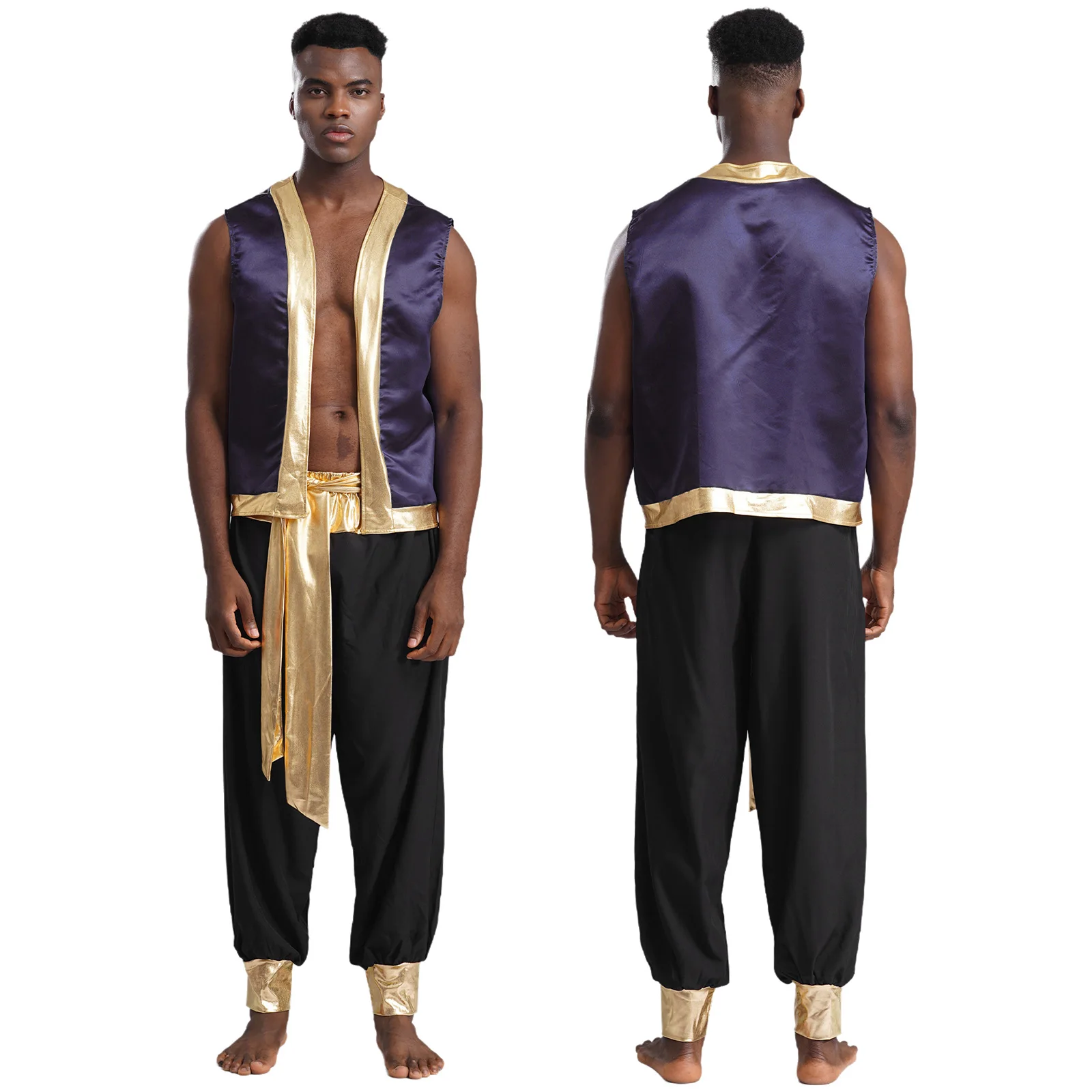 Mens Roleplay Arabian Prince Costume Metallic Shiny Trim Open Front Vest with Long Pants 2 Piece for Halloween Cosplay Party