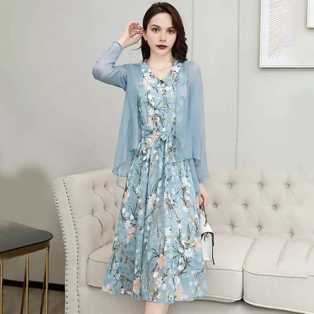 Women Cardigan Dress Set Elegant Floral Print Dress Cardigan Set with Lace-up Detail Doll Collar Slim Waist A-line Midi for A