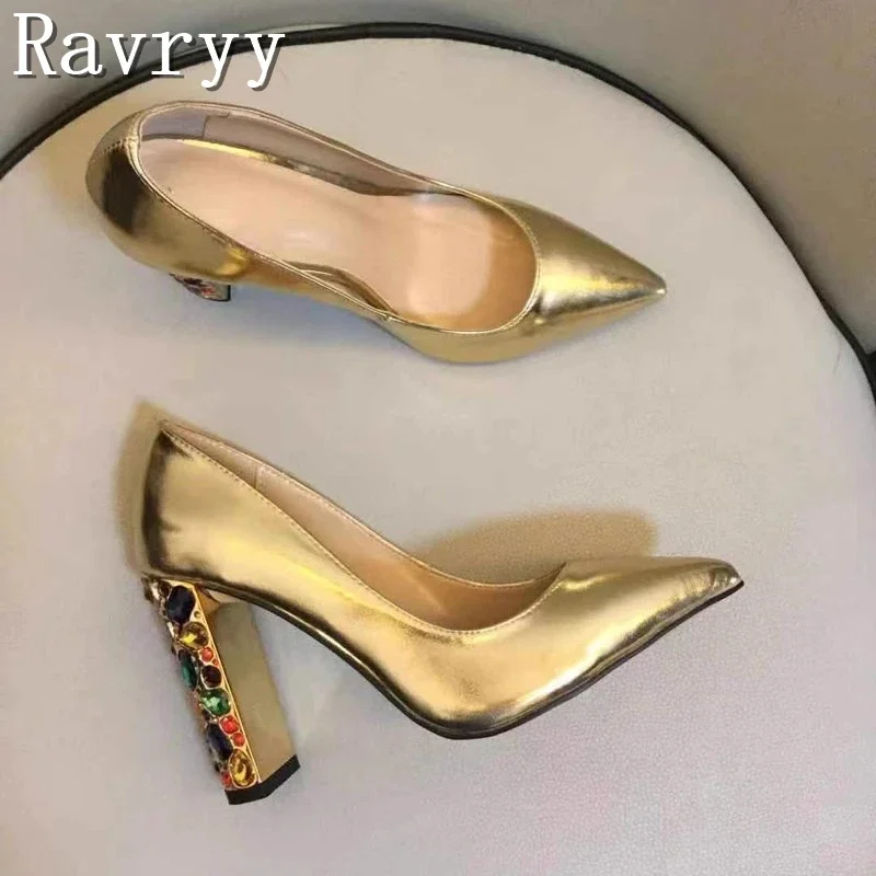 Luxury Colored Rhinestone Thick Heels Pumps Women New Black Gold Sheepskin Pointed Toe High Heels Ladies Fashion Dress Shoes