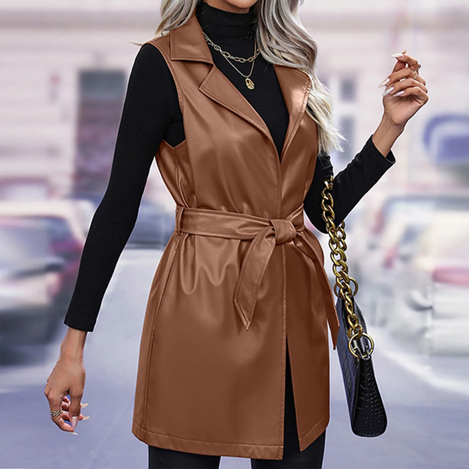 

Fashion Faux Leather Vest For Women Long Lapel Sleeveless Drape Open Front Pu Cardigan Women'S Slim Fitting Jacket