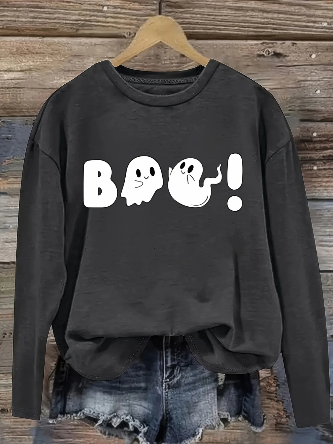 Women's Casual Long Sleeve Crew Neck T-Shirt Boo Ghosts Halloween Fun Print Design, Round Neck Women's Clothing, Machine Washable, Slightly Elastic, Loose Fit, Spring Autumn Winter Women's T-Shirt, Halloween Costume Outfit view 2
