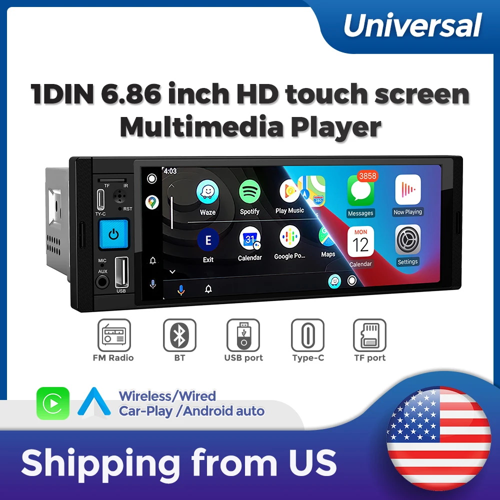 

NaviFly 6.86-inch Wireless CarPlay Android Auto Intelligent Systems Universal 1 Din MP5 Player Car Radio Multimedia FM Stereo BT