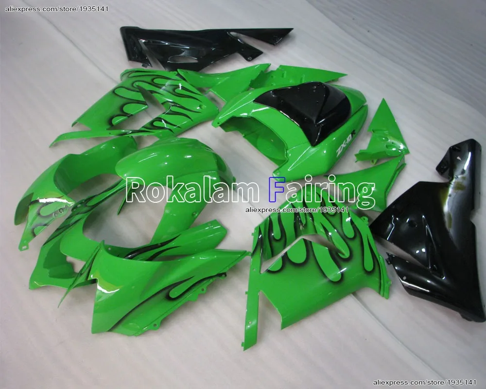 For Kawasaki ZX-10R New Arrival ZX 10R NINJA 04 05 kit ZX10R Black Flames Green Bodywork 2004 2005 (Injection molding)