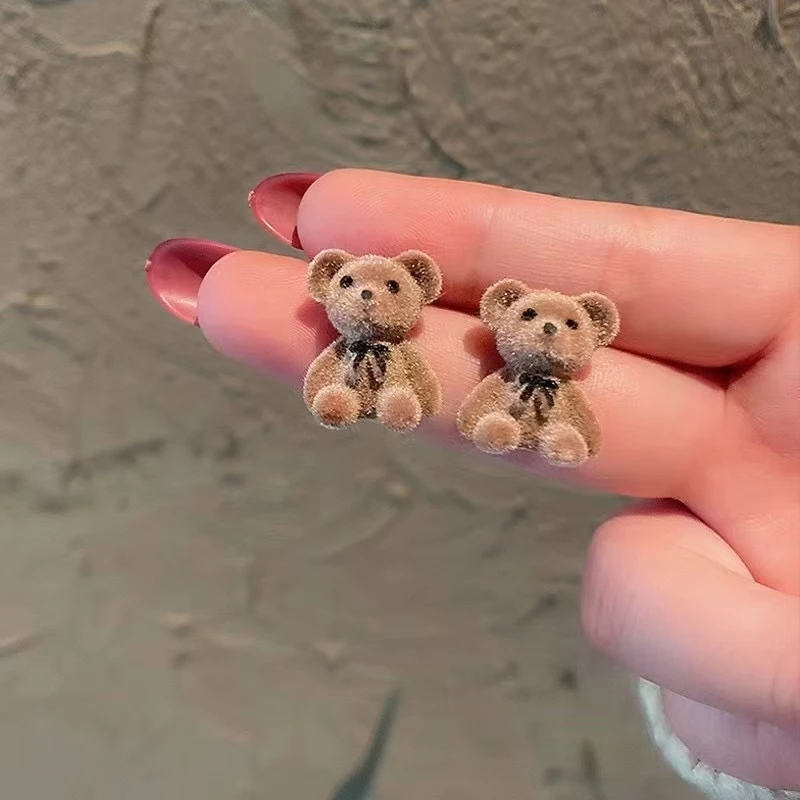 Cute Flocking Plush Rabbit Bear Stud Earrings Kawaii Brown Khaki Animal Earrings For Women Girls Korean Earring Jewelry