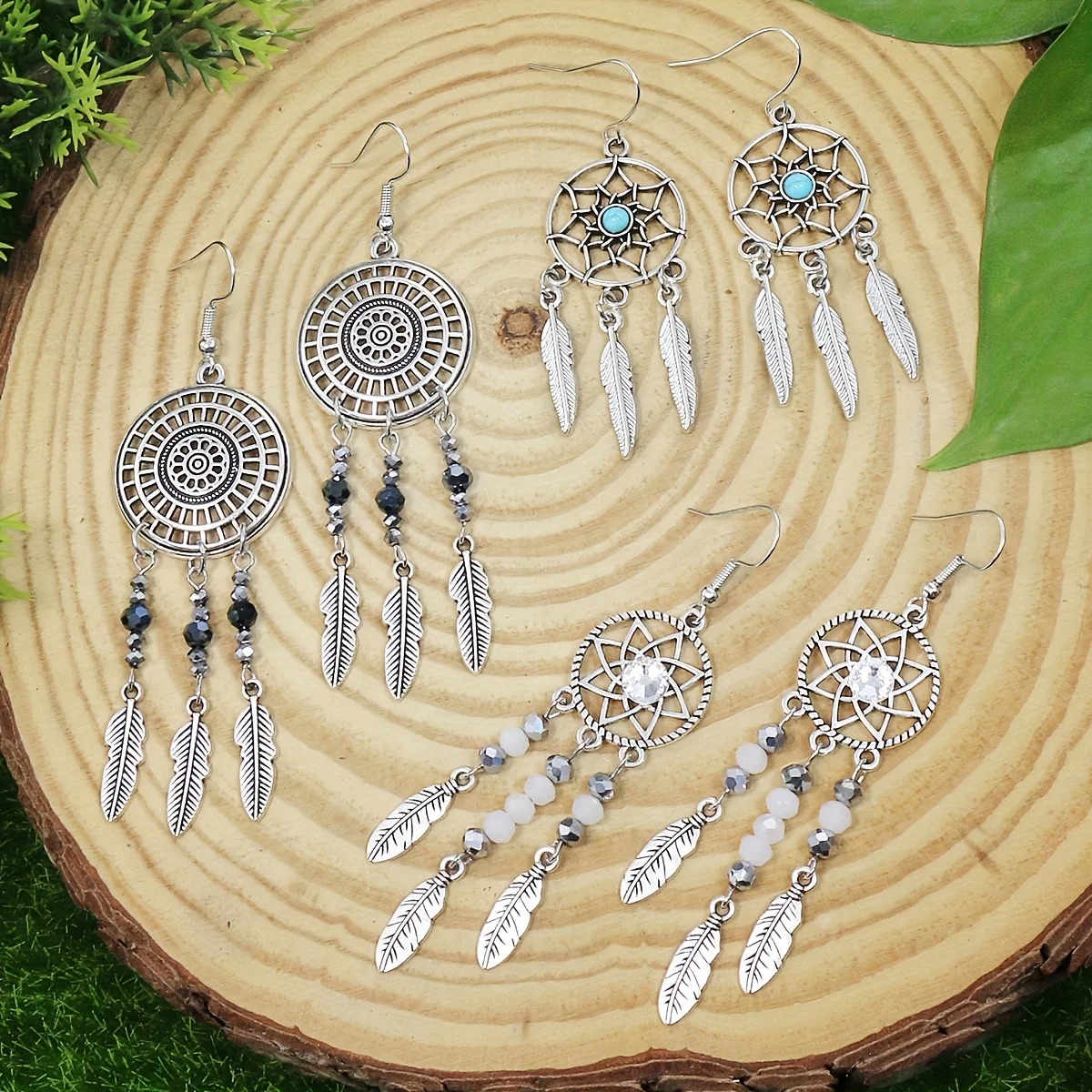 Vintage Style Earrings Set Antique Silver Color Round Tassel Ear Jewelry Rhinestone Inlay For Women To Wear In Daily Clothing