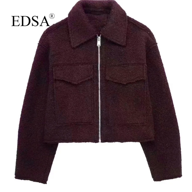 EDSA Women Solid Bomber Jacket with Flap Pockets Front Zipper Lapel Autumn Winter Casual Cropped Outerwear