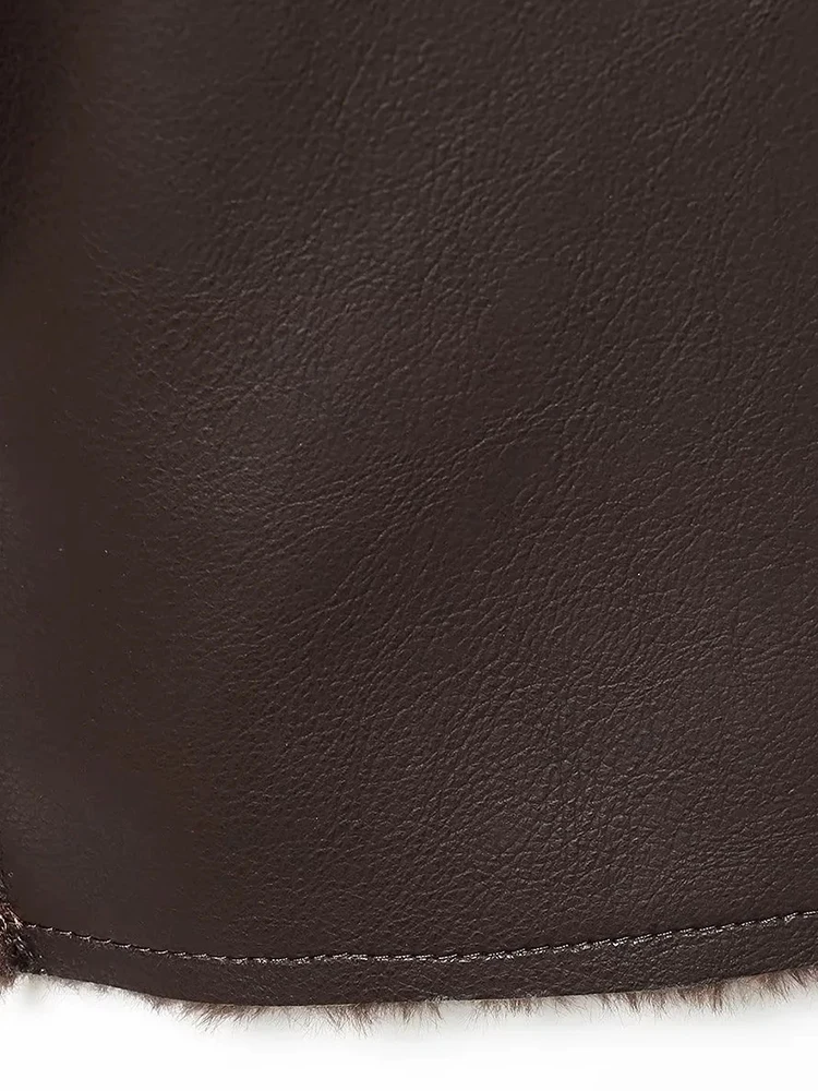 Dames omkeerbaar kunstleer revers single-breasted zakdecoratie jas vrouwelijke mode slanke lange mouwen losse warme jas