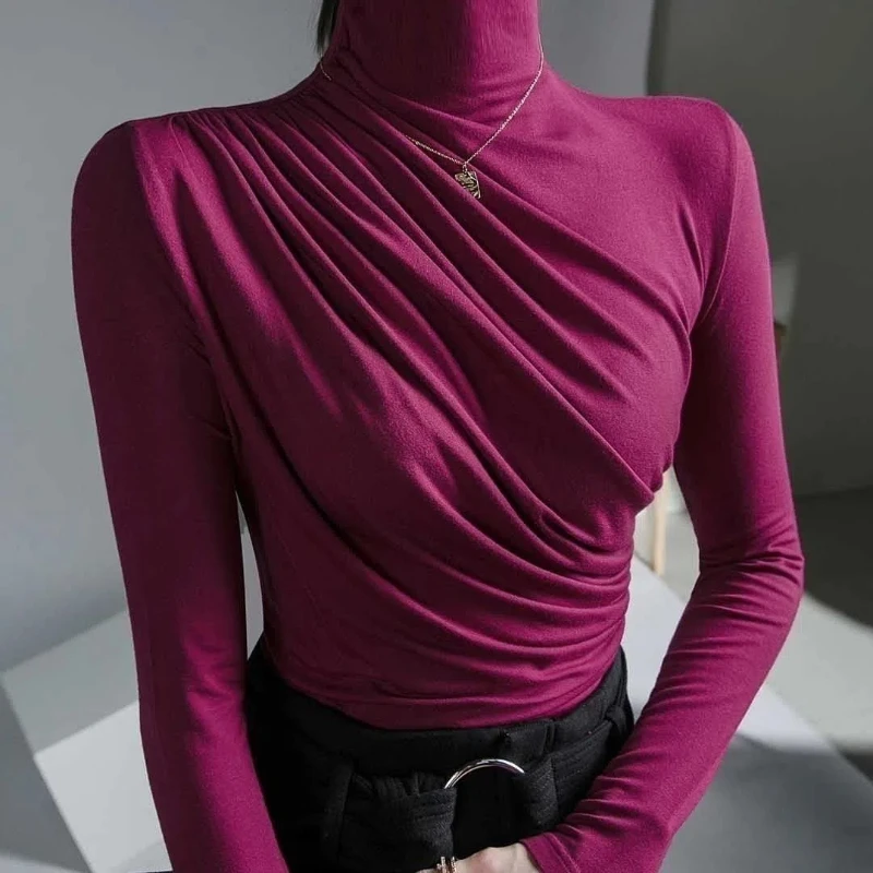 Long Sleeve Bottoming Shirt Half High Neck Solid Color Pleated Slim Fashion Elegant Basic Design Warm Bottom Tops Female Clothes