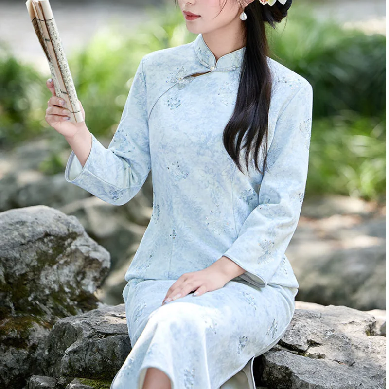 Elegant Women Qipao Mandarin Collar Cheongsam Daliy Casual Long Sleeve Chinese Style Dress Vintage Button Vestidos Dress