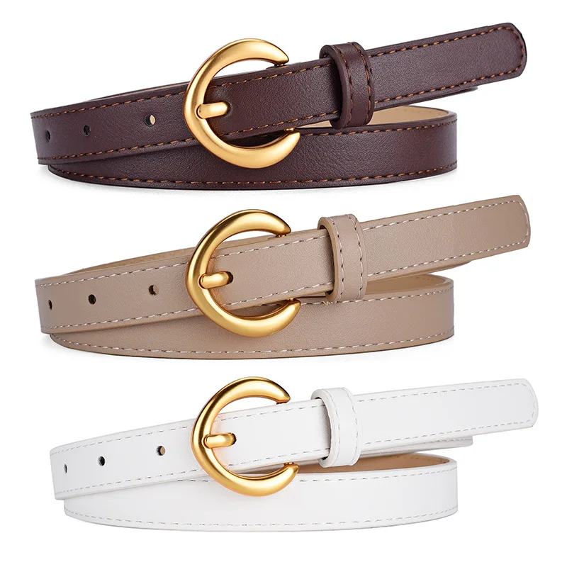 

New Women Alloy Gold Buckle Belt Simple All-matched Dress Pants Waistband Ladies Elegant High Quality PU Leather Thin Belts