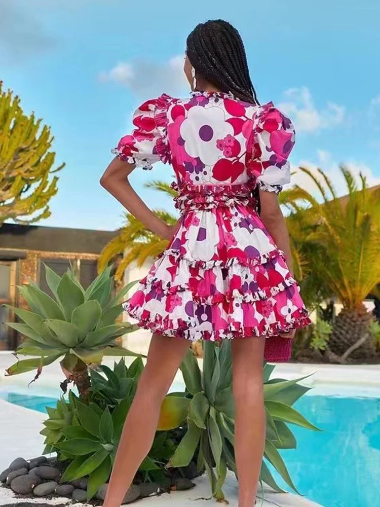 Retro Luxus Sommer Frauen neues Design Druck V-Ausschnitt kurz ärmel ige Schnür Taille Kleid Nähte Holz Ohr Schaukel Minirock.