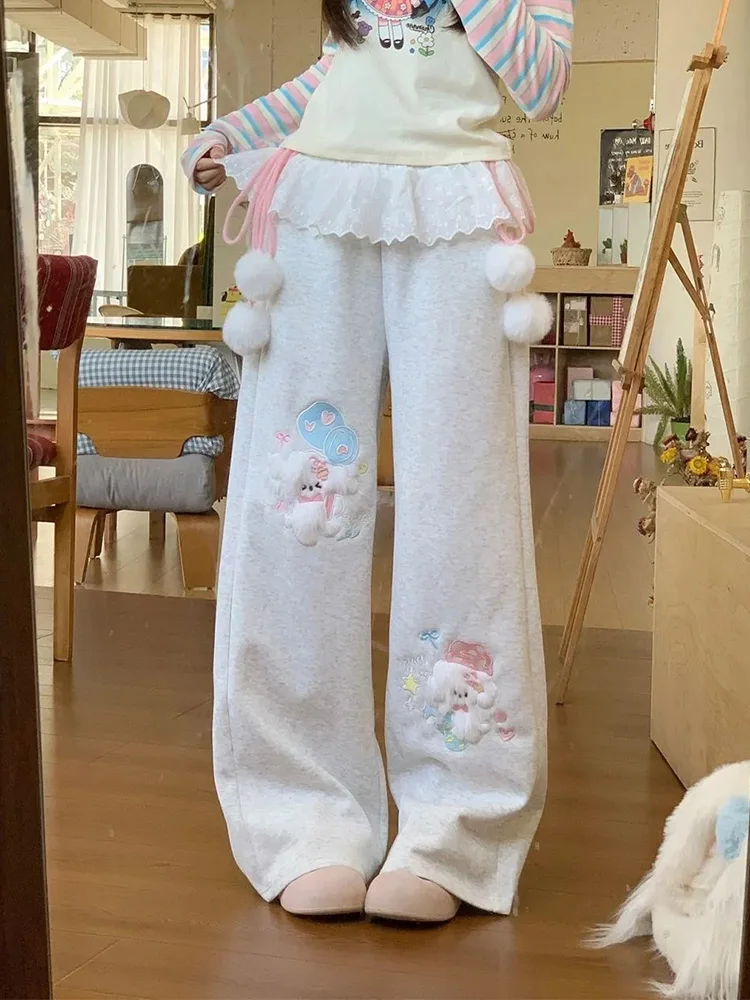 Nette Cartoon Breite Bein Hose Frauen Spitze Patchwork Hohe Taille Süße Hose Vintage Japan Adrette Herbst Winter Kawaii Hosen