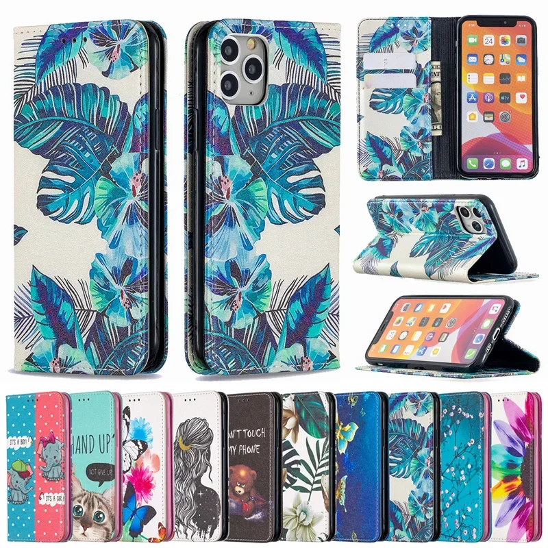 Painted Leather Case Wallet Flip For iPhone 7 8 Plus 11 12 Pro Max 13 Mini X XR XS SE 2020 14 Color Print Pattern Stand Cover