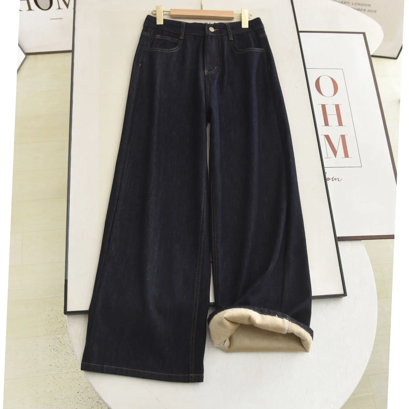 

Deep Blue Fce Lined Thi Wide Leg Pants High Waist Slimming Jeans Women's Winter Faion High Waist Button Closure