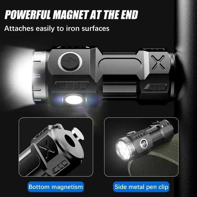 MINI LED Flashlight Rechargeable Camping Light With Side Lights and Lampshade Tail with Magnet Suitable for Exploring, Camping