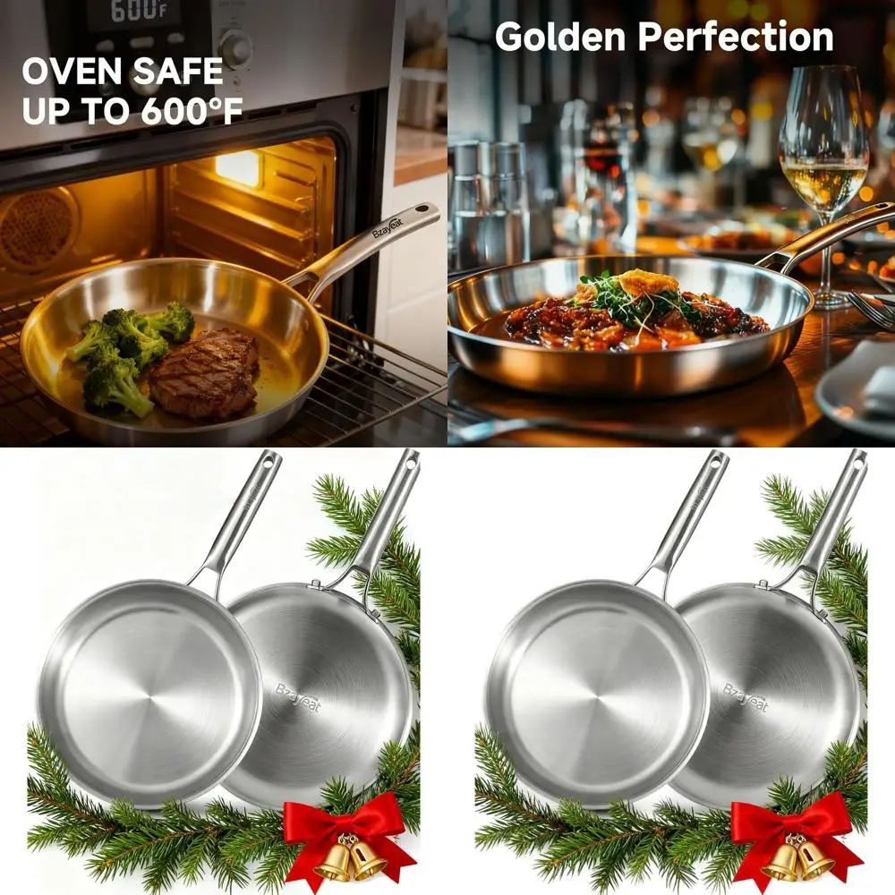 

12 Inch Set of 2, Tri-Ply Stainless Steel Skillet, Induction Ready, Even Heat Sauté Pan, Oven & Dishwasher Safe, Professional Co