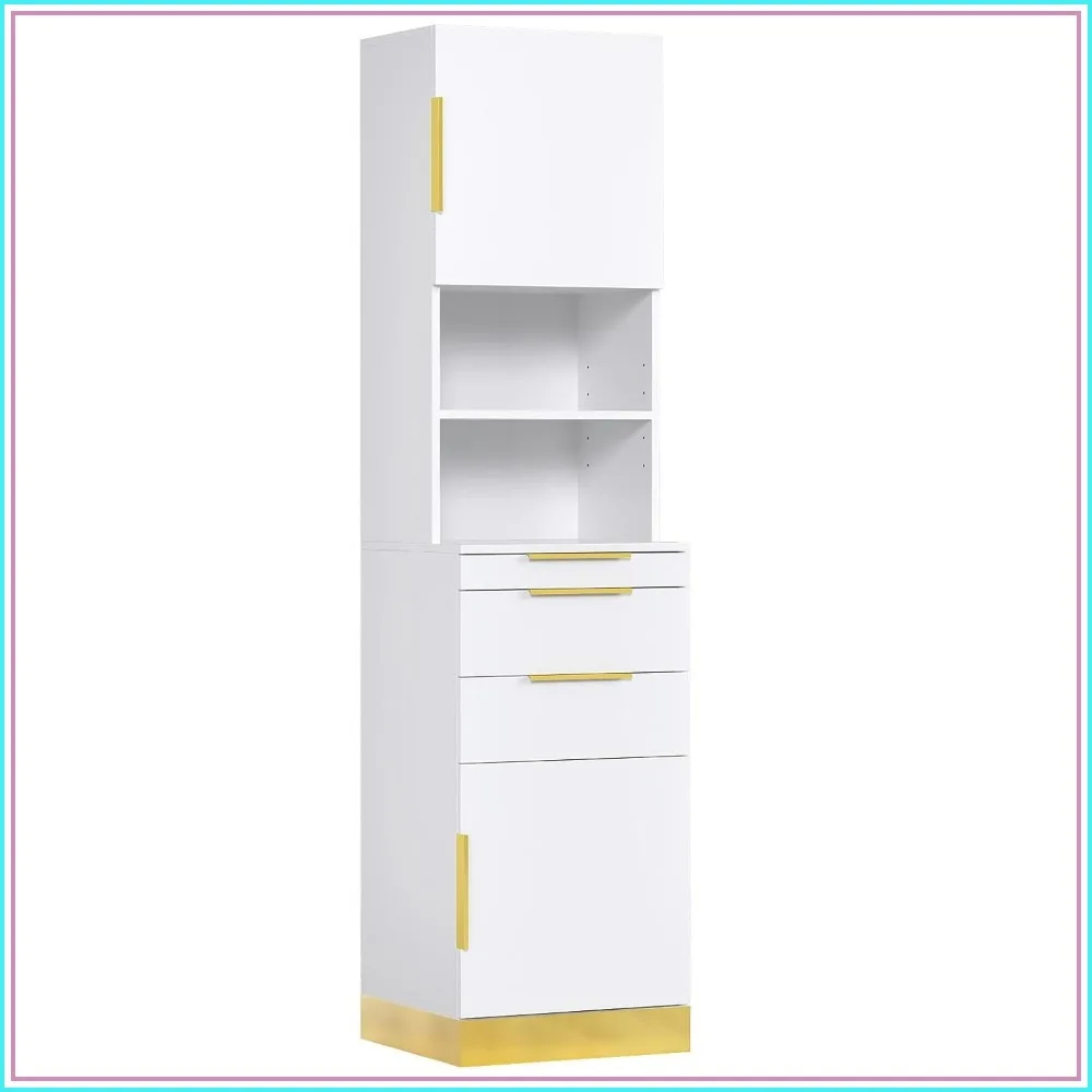 Salon Station with Stainless Steel Finish, Storage Cabinet with Drawers & Dryer Holders, White