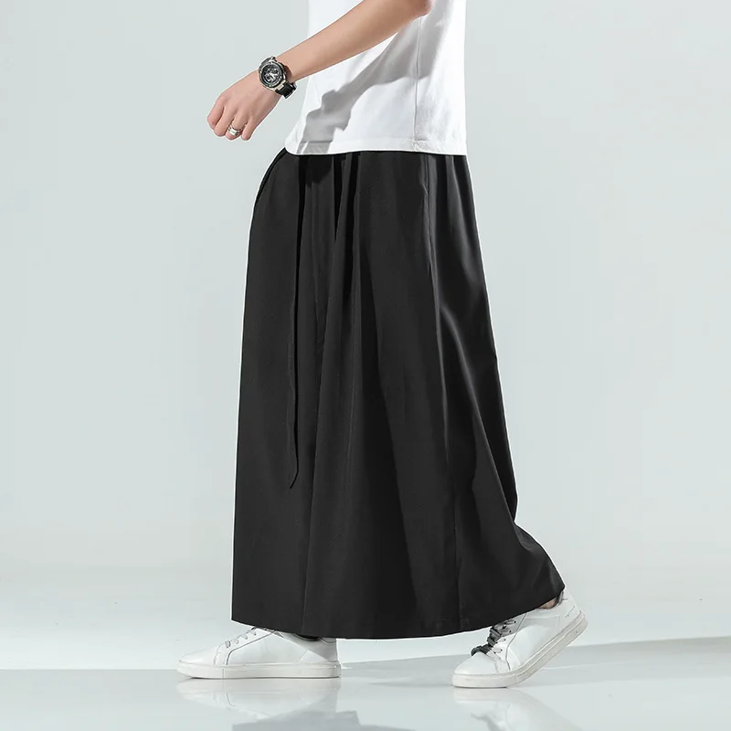 Chinese Style Summer Men's 2024 New Patchwork High-waisted Bandage Pockets Fashion Solid Color Minimalist Casual Wide Leg Pants