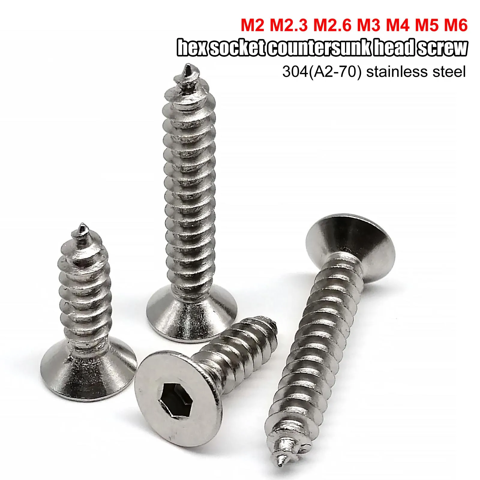10/50X M2 M2,3 M2,6 M3 M4 M5 M6 A2-70 304 Edelstahl Innensechskant Innensechskant Flachsenkkopf selbstschneidende Holzschraube – Detail 3