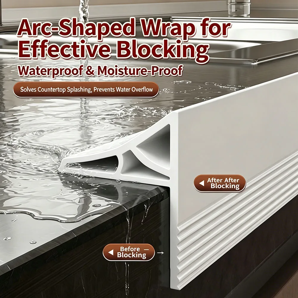 Silicone Water Barrier Strip Double-Rib Water Stop Dam Strip for Kitchen Sink Shower Vanity Edge Waterproof Sealing Guard