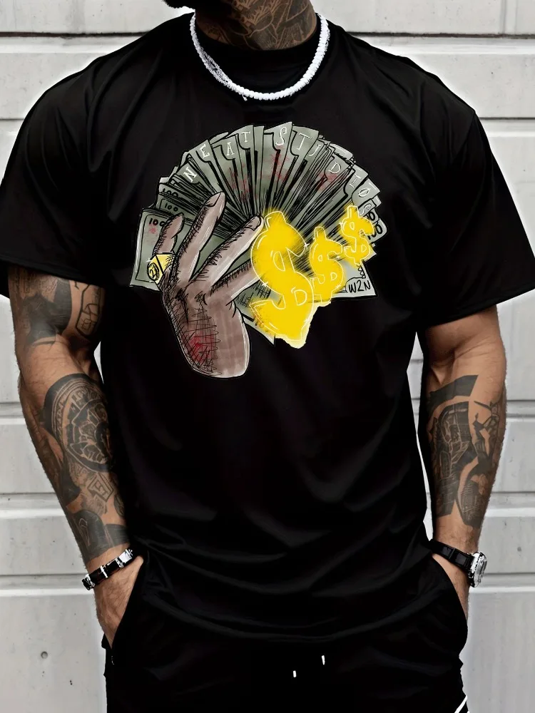 Mens Summer Crew Neck Short Sleeve Tee Hand Holding Dollar Money Sign Print Black Streetwear Casual Loose Daily Fashion Top