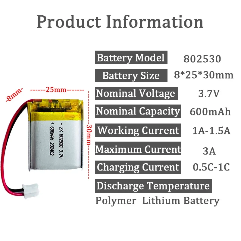 802530 3.7V 600mAh Polymer Lithium Battery Beauty Device Dog Trainer Battery