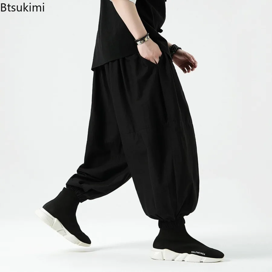 Men's Chinese Style Black Elastic Waist Harem Trousers Spring and Summer Casual Loose Cotton Linen Lantern Pants Male Clothing