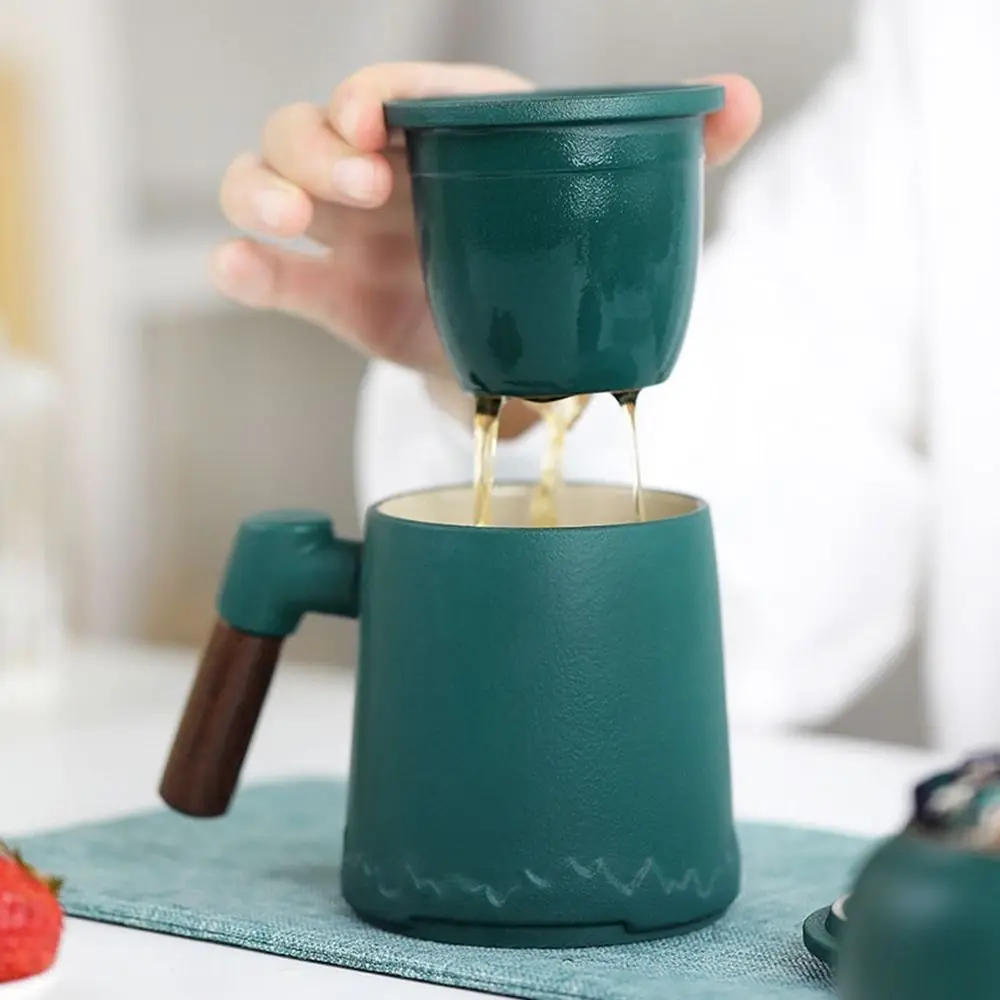 

400ML Ceramic Tea Water Separation Cup Large Capacity Wooden Handle Kung Fu Tea Set Heat Resistant with Lid Coffee Cup Home